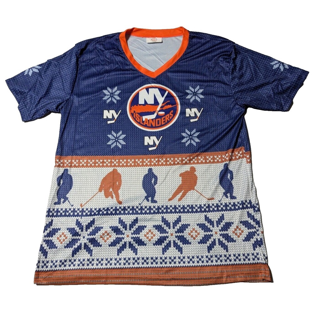 NEW YORK ISLANDERS HOCKEY Men‎ XL Blue Coyote Promotions AOP V-Neck T-Shirt EUC